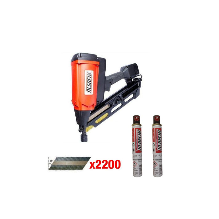 Kit cloueur gaz bois 34° D90G1 + 2200 pointes lisses 34° 2,8x70 + 2 cartouches de gaz